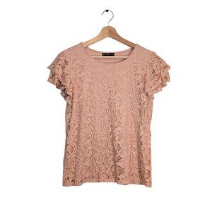 Adrianna Papell Women’s Large Pink Lace Blouse Ruffle Sleeve Top